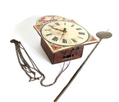 null Painted wooden clock movement with flowered decoration, with its weights and...