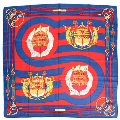 null HERMES Paris
Silk square "Châteaux d'arrière" on red background and blue margin
Signed...