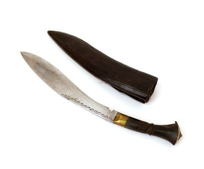 null NEPAL, knife with curved blade and handle in carved wood and copper with its...