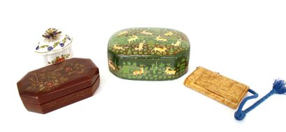 null Set including a painted wooden box with naive animal decoration, a lacquered...