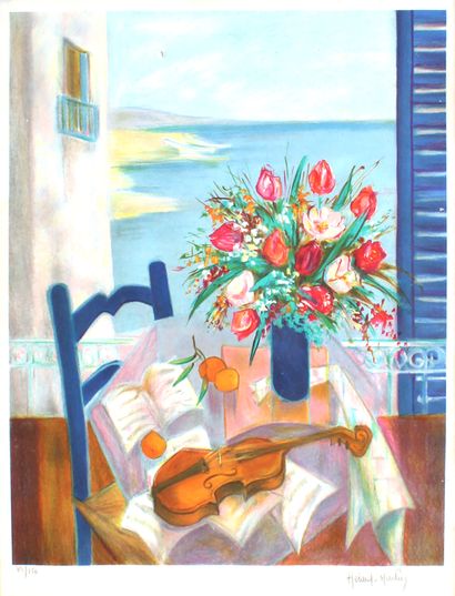 null Josette HÉRARD-MARLIN (née en 1935)
Nature morte au bouquet et au violon
Lithographie...