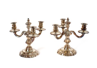 null Pair of silver plated bronze three-light candelabra of curved form, the arms...