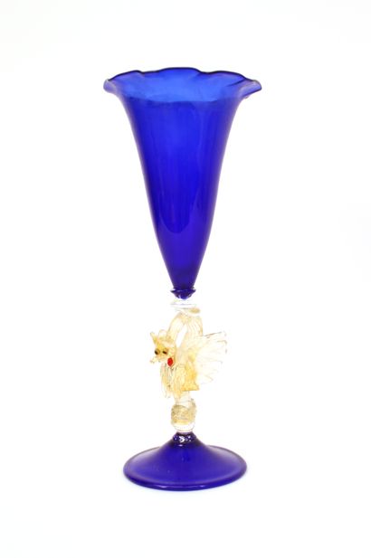null MURANO, vase with high foot out of polychrome blown glass, the barrel with decoration...