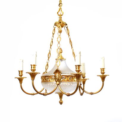 null A six-armed gilt bronze and cut glass suspension lamp with openwork arabesques...