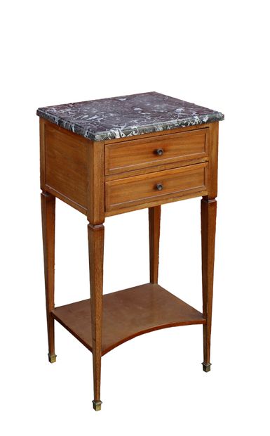 null Louis XVI style bedside table in mahogany opening with two drawers, the tapered...