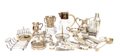 null Set of silver plated metal and glass pieces including two pourers, an ice bucket,...
