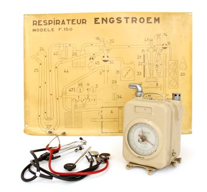 null A spirometer in lacquered metal and a plan of Engstroem respirator model F.150...