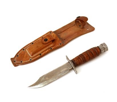 null US Camillus knife, the handle sheathed in leather, the pommel engraved "N.Y...