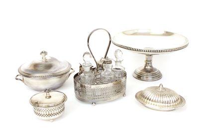 null Set of silver-plated metal pieces including a display stand on a pedestal decorated...