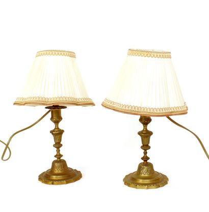 null Pair of ormolu candlesticks in the Louis XV style, mounted as a lamp
H. mounted...