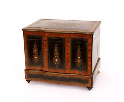 null Veneer and marquetry liquor cabinet decorated with foliage scrolls and a cartouche...