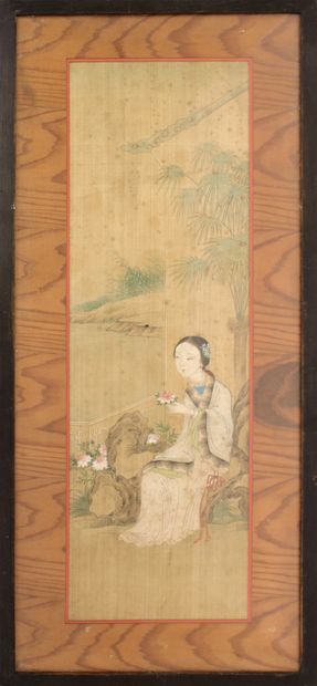 null CHINE, XIXe siècle
Femme au jardin
Encre avec rehaut de peinture sur soie
62...