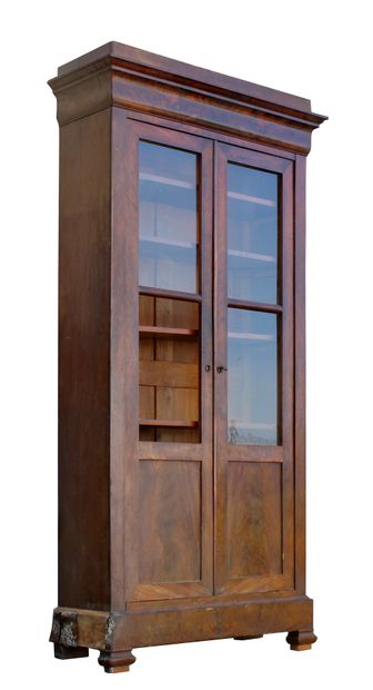 null Mahogany and mahogany veneer bookcase opening with two glass doors revealing...