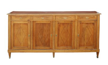 null A cherry wood sideboard decorated with rhombuses and nets; rectangular in shape,...