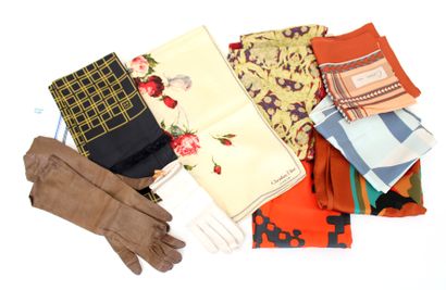 null Suite of eight silk scarves including Dior and Cardin, a synthetic scarf and...