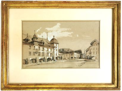 null École du Dauphiné du XIXe siècle
La place du village
Crayon, lavis d'encre et...