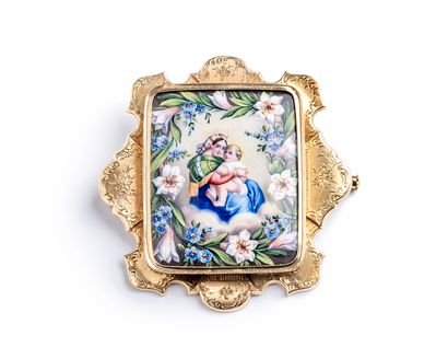 null Brooch in yellow gold 18k (750 thousandths), decorated with an enamelled miniature...