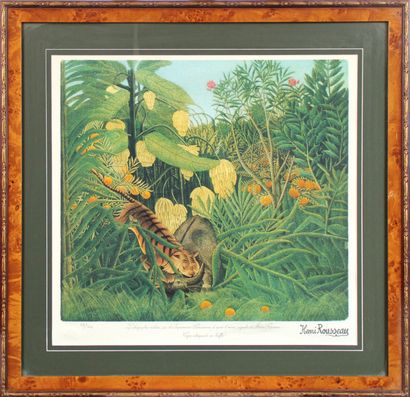 null After Le Douanier ROUSSEAU [Henri ROUSSEAU said]
Tiger attacking a buffalo
Lithograph...