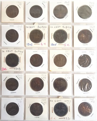 null Set of 43 French coins:
- 21 x 10 cts Cérès (1870 to 1898) (AB to TB)
- 22 x...