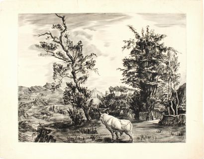 null Albert DECARIS (1901-1988)
Landscape with bull
Burin engraving, signed and titled...
