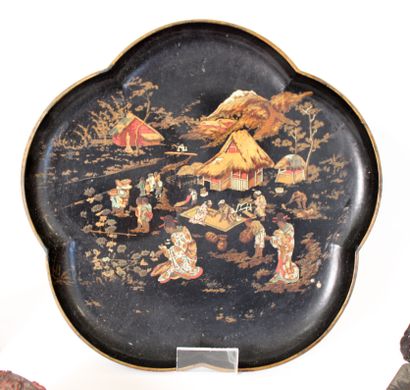 null ASIA, a tray and two lacquered boxes decorated with village scenes and flowers
Tray...