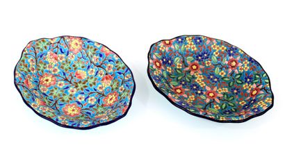null LONGWY, pair of glazed earthenware vegetable dishes decorated with flowering...