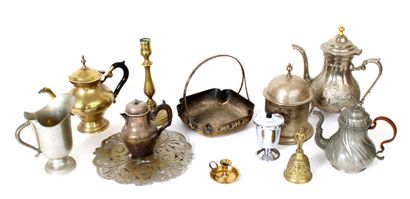 null Set of silver, copper and pewter pieces including three teapots (one with damaged...