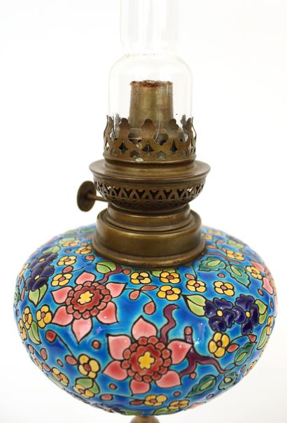 null LONGWY, glazed earthenware oil lamp on pedestal with floral scroll decoration,...
