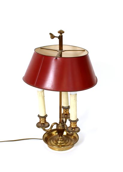 null Neoclassical brass hot-water bottle lamp with three light arms, the reflector...