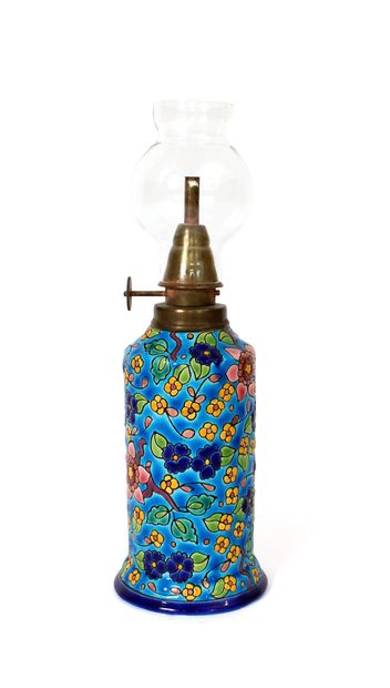 LONGWY, glazed earthenware oil lamp with...