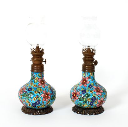 LONGWY, pair of glazed earthenware oil lamps...
