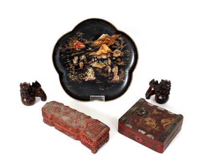 null ASIA, a tray and two lacquered boxes decorated with village scenes and flowers
Tray...