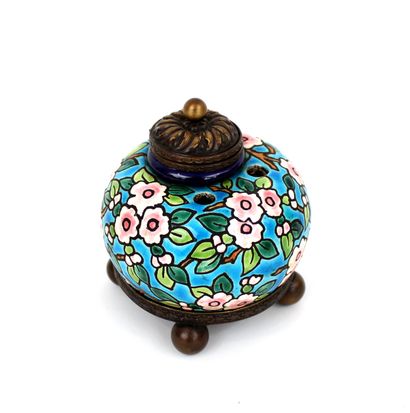 null LONGWY, spherical inkwell with two glazed earthenware nib holders, decorated...