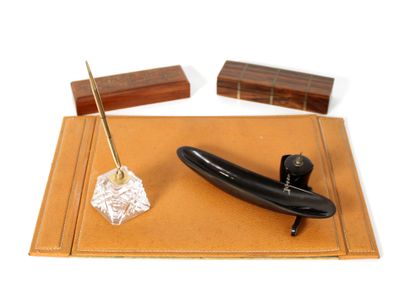 null Desk set including leather trivet, resin inkwell with penholder, cut-glass penholder...
