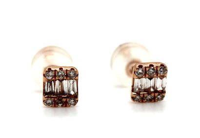 null Pair of 18K (750 thousandths) rose gold earrings, set with three baguette diamonds...