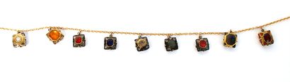 null 9K (375 thousandths) yellow gold choker necklace holding 9 rectangular jet pendants...