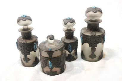 null 
TOILETTE NECESSARY in frosted glass paste, pewter mounts decorated with turquoise....