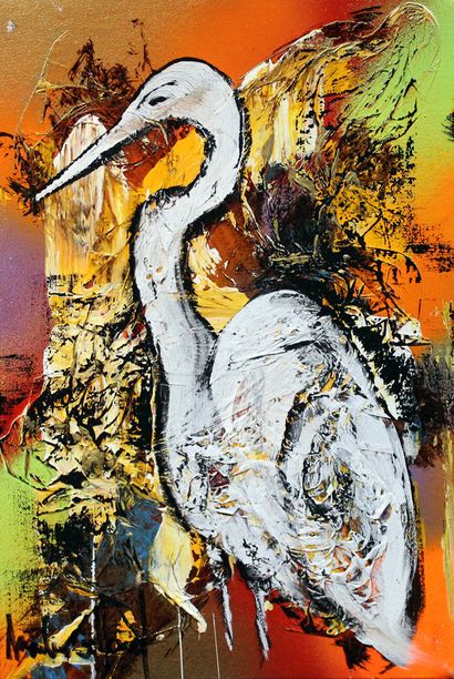 null Markus BILLARD (1962) 
The crane 
Oil and acrylic on canvas, signed. 
H_37 cm...