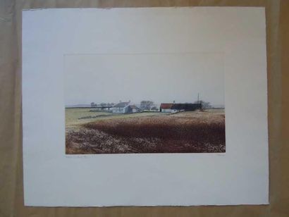 BISSON P. (XX) "Cottage Les Vardes", estampe, 56,5 x 70 cm, numérotée 233/250, signée...