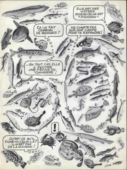 JICKA "Invitation", lettrage et collage de poissons, signé, recto-verso, 24 x 32...