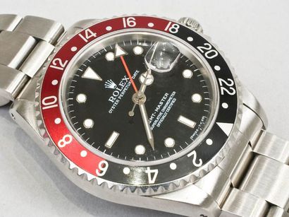 ROLEX (GMT - Master II) Bracelet montre d'homme en acier, cadran noir à dateur couronne...