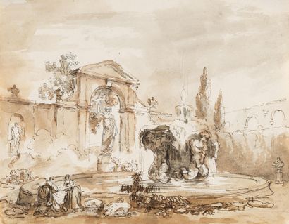 Hubert Robert Hubert Robert (1733 - Paris - 1808) - Deux lavandières près d'une fontaine... Gazette Drouot