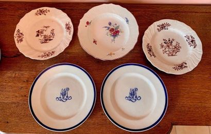 null Tournai Set of five soft porcelain plates, including two plates with Ronda manganese...