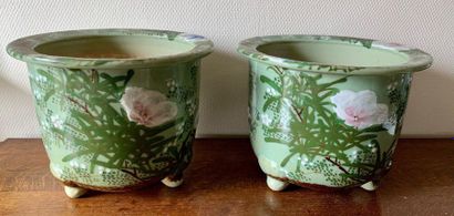 null JAPAN Pair of porcelain planters decorated with flowering branches on a celadon...