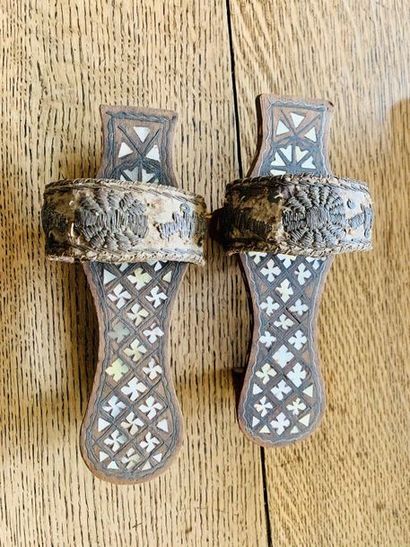 null Pairs of hammam slippers, including wooden and mother-of-pearl Syrian ceremonial...