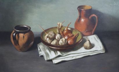 null W. VAN HOYLANDT (born 1951).

Still life, pitchers and onions. 

Oil on panel....