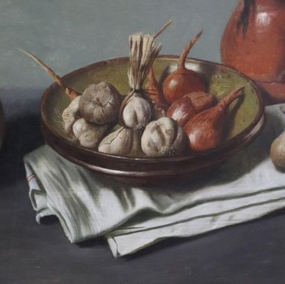 null W. VAN HOYLANDT (born 1951).

Still life, pitchers and onions. 

Oil on panel....