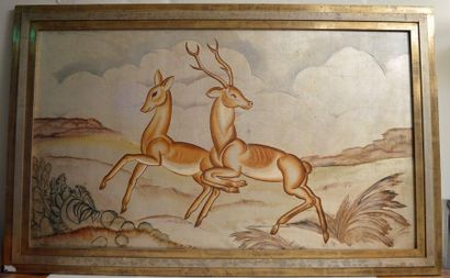 null Modern School circa 1930. Deer and hind in a landscape. Oil and silver leaves...