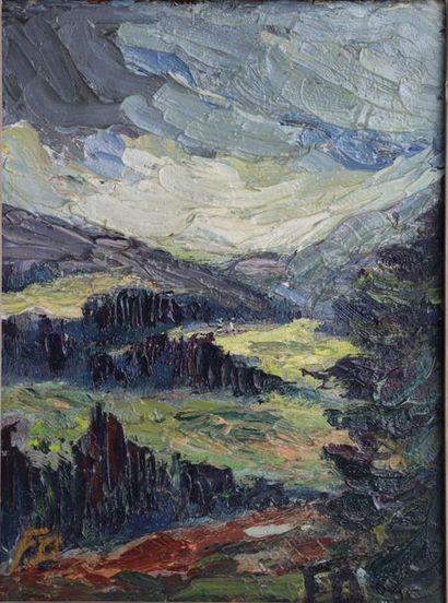 null Belgian school of the 20th century.

Mountain landscape.

Oil on panel, monogrammed...