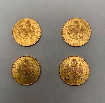 null Lot de 4 pièces en or jaune de 8 florins (20 Francs) 1892 à l’effigie de François...